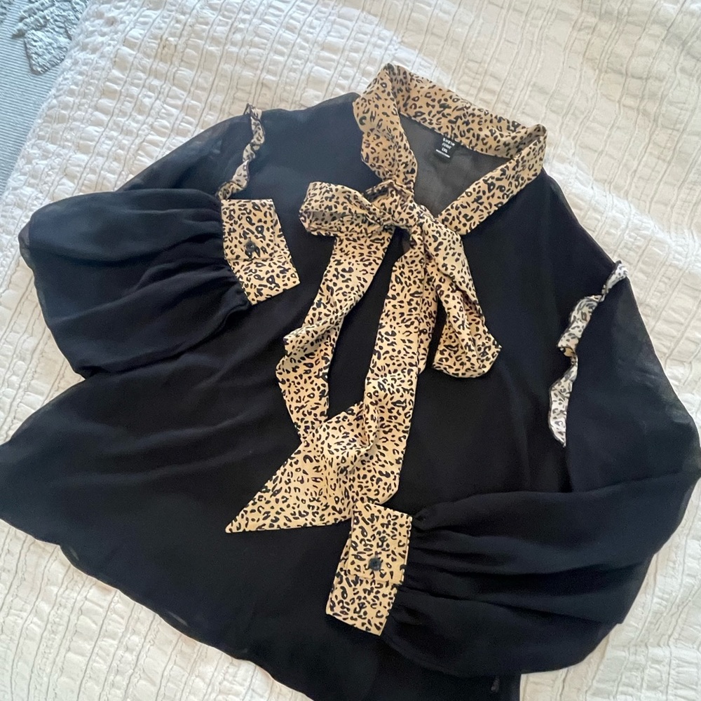 Black/Leopard pull Over Blouse with Bow tie front